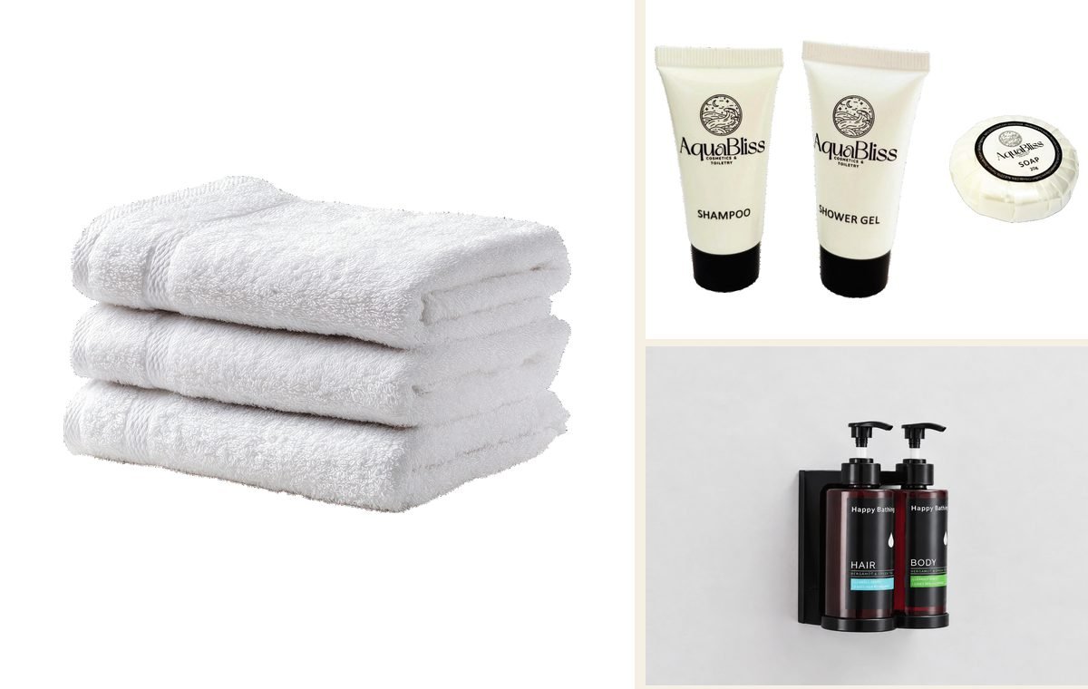 Hotel towels, Aqua Bliss shampoo, shower gel and soap, and a wall-mounted dispenser