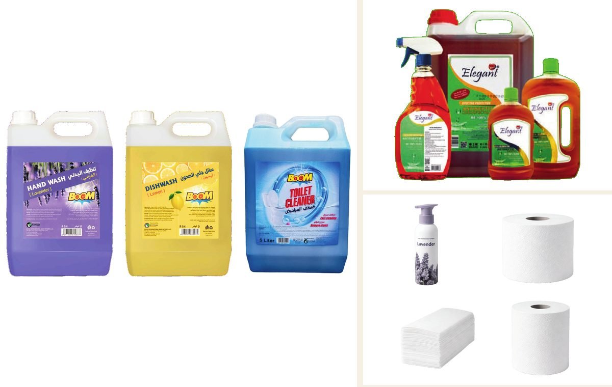 Hand wash, dishwash and toilet cleaner, antiseptic liquids, tissue rolls and hand towels