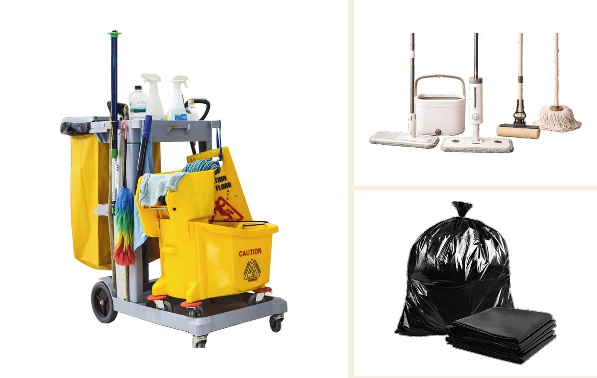 Janitorial cart, floor cleaning tools and garbage bags