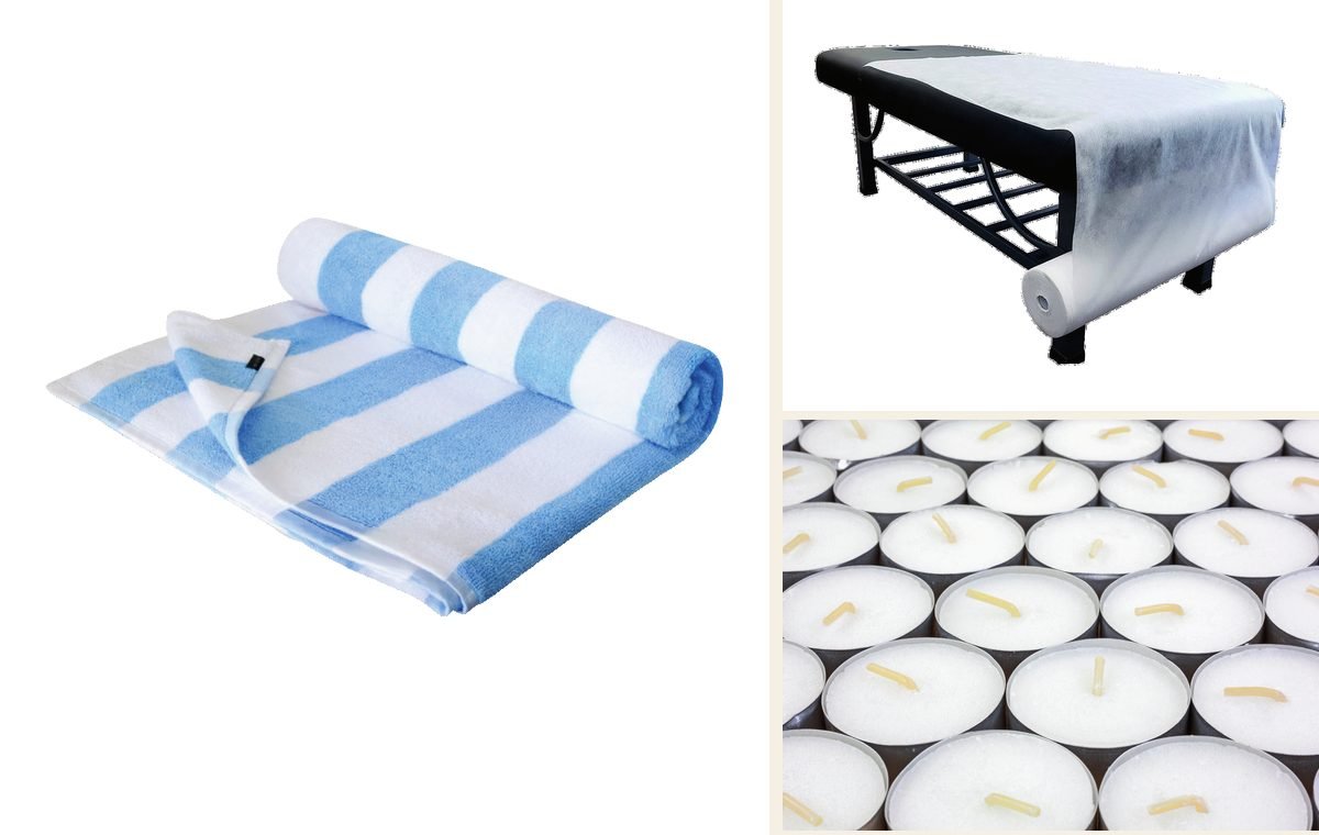 Striped pool towel, disposable spa bed roll and tea light candles