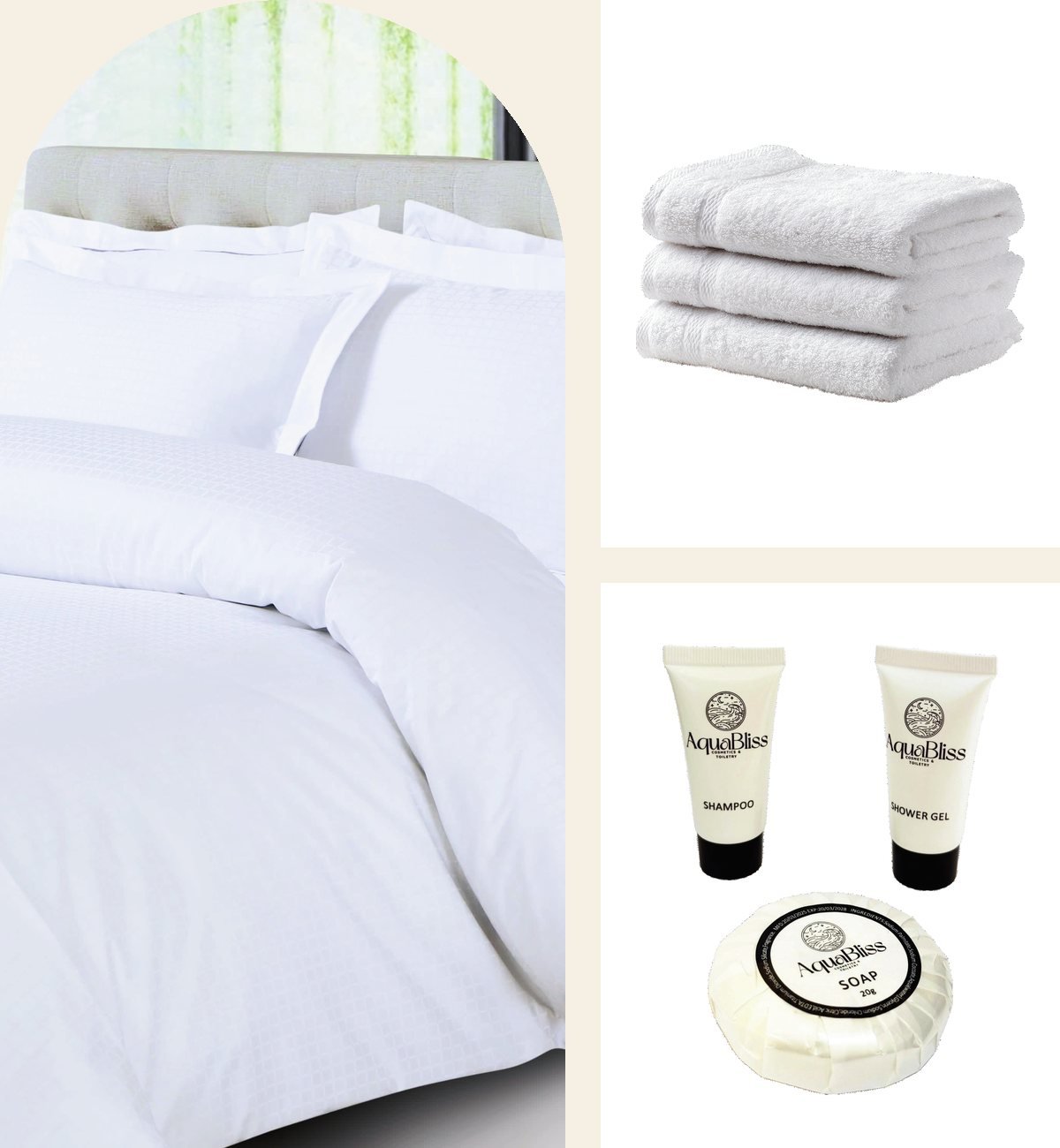 Casa Aqua Bliss hotel bedding, towels and guest toiletries